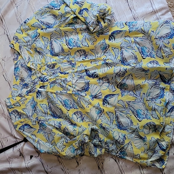 Talbots Yellow w/Blue Sea Shells Tunic Style Blouse. Size Lp 100% Cotton V-neck - Picture 12 of 17